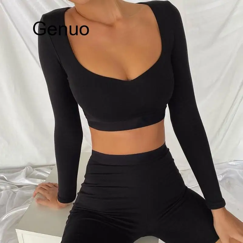 Two Pieces Casual Tracksuit Women Set Black Plus Size Long Sleeve Crop Top And Shorts Set Party Club Two Piece Outfits