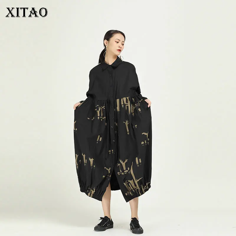 XITAO Платье с принтом модное плиссированное платье одной грудью и длинным рукавом