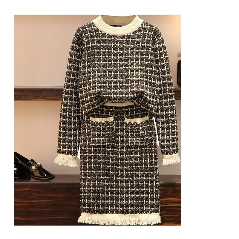 Женский твидовый костюм с юбкой комплект одежды из двух предметов свитер и юбка
