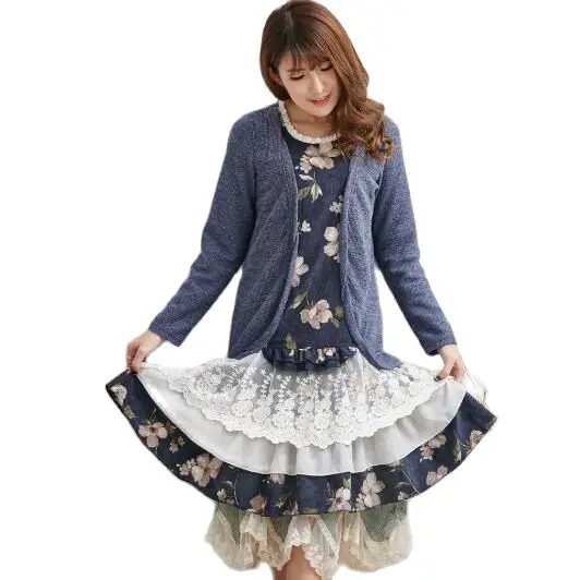 

bohemian lolita patchwork tunic gatsby vintage bsk mori girl azul vestido branco curto robes femmes winter autumn women dress