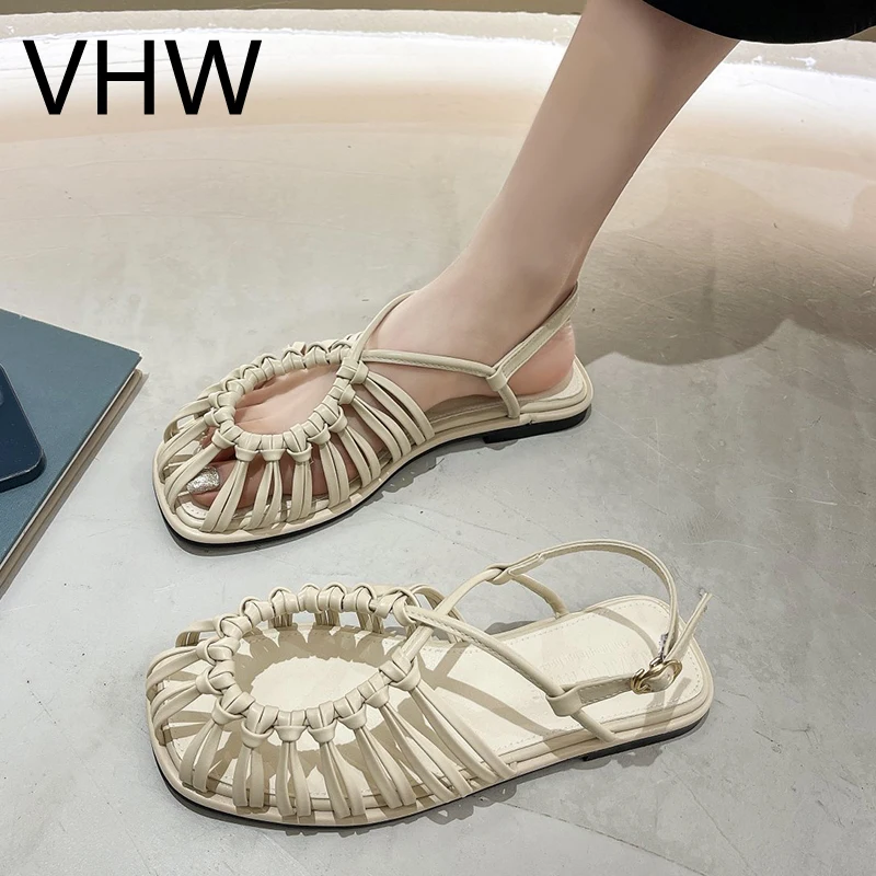 

Women Flats Sandals 2021 Summer Cross Weaving Round Toe Leather Shoes Fashion Brown Female Vintage Casual Hollow Rome Shoes