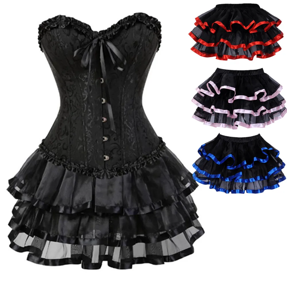 

Women's Sexy Jacquard Lace Up Overbust Corset Bustiers Dress Gothic Body Shaper Mini Skirt Tutu Plus Size XS-7XL