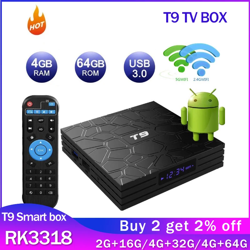 

Smart T9 Android 9.0 TV BOX RK3318 Quad Core 4GB RAM 64GB ROM 2.4G/5G Dual WIFI USB 3.0 4K 2GB 16GB Set Top Box 4G 32G TVBOX