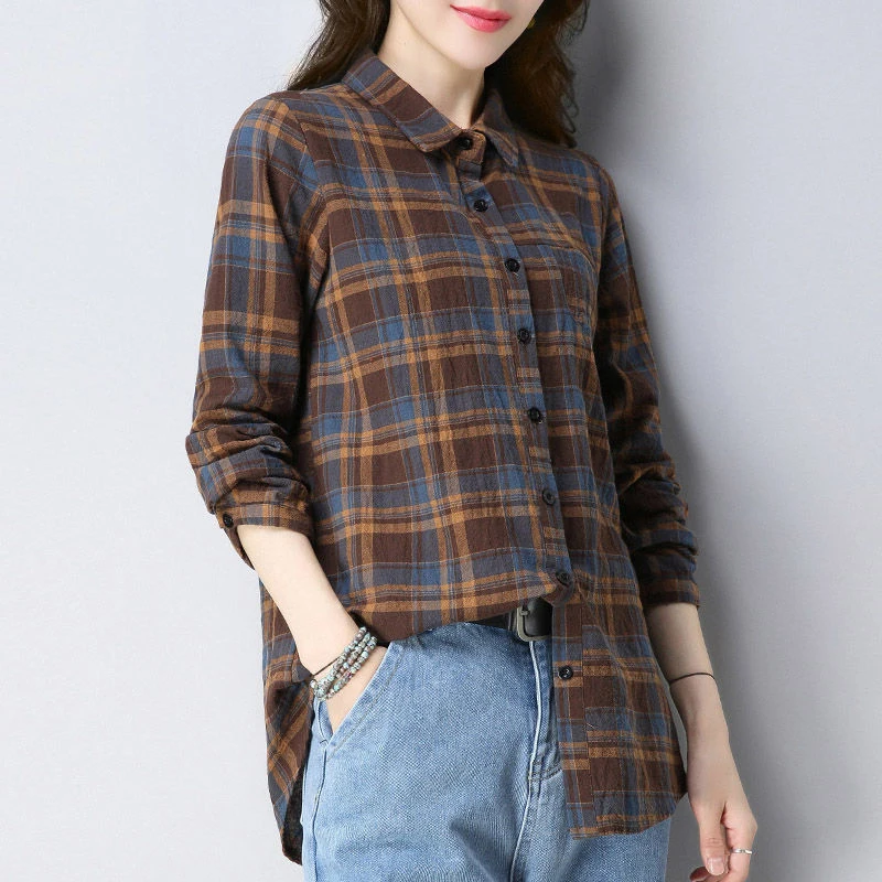 New Arrival Spring Autumn Women Long Sleeve Loose Shirt Plus Size Casual Plaid Turn-down Collar Blouse Cotton Ladies Tops S569 | Женская