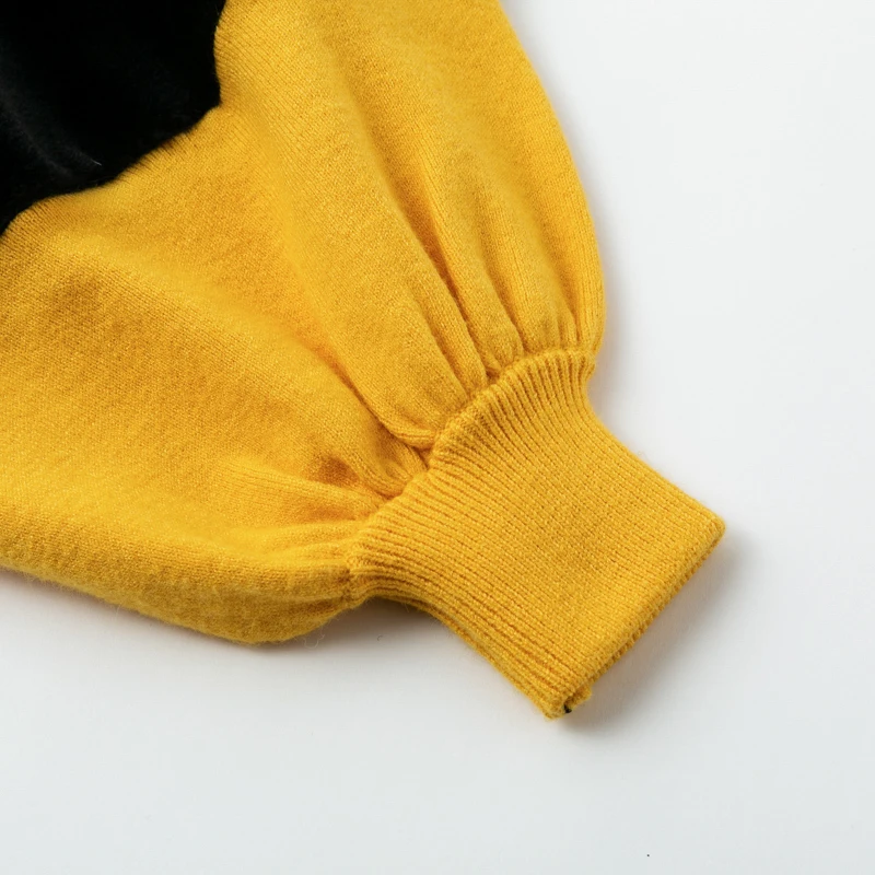 Affogatoo Patchwork faux fur sweater femme Women casual loose winter Autumn streetwear yellow jumper pullover | Женская одежда