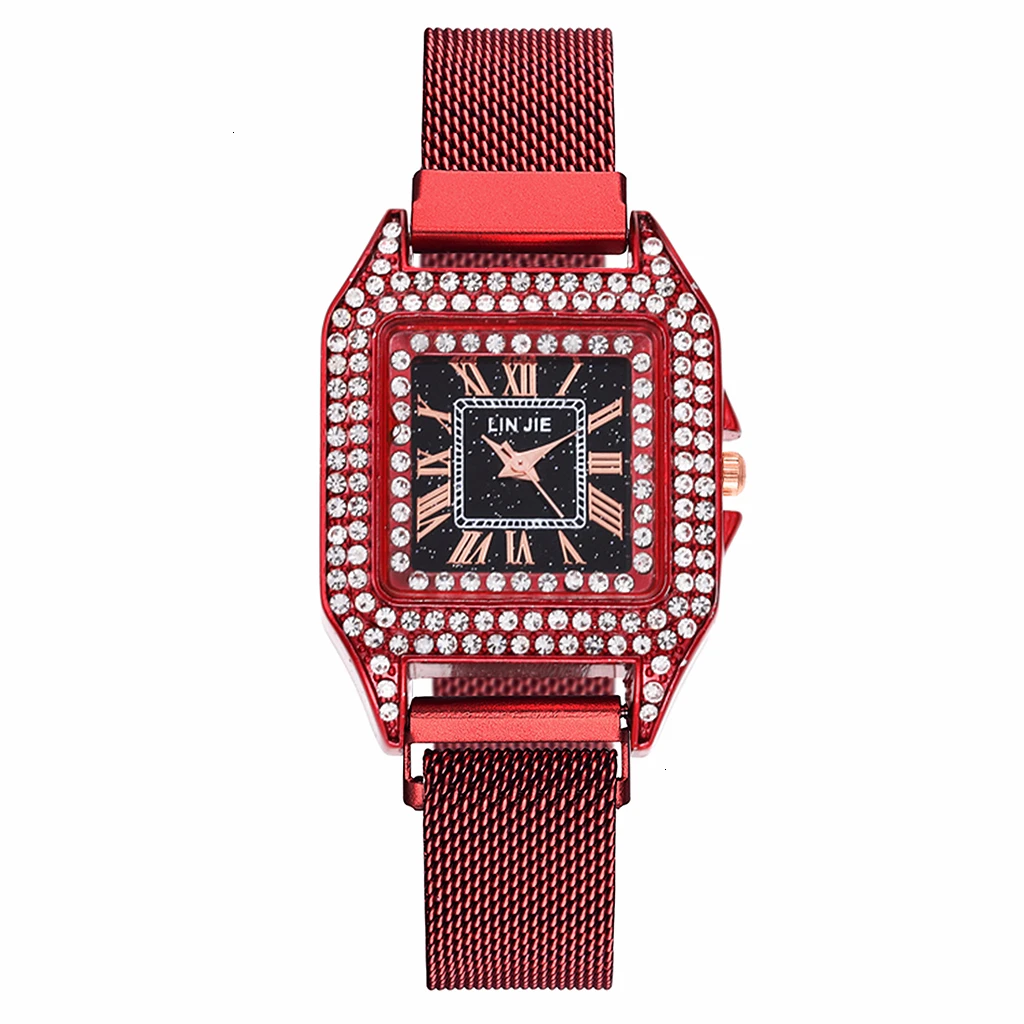 Women Magnet Buckle Square Case Shape Diamond Watch Luxury Ladies Stainless Steel Belt Quartz Watches Gift Clock - Color: red