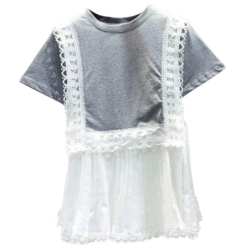

Pleated Lace Round Neck Splicing T-shirt Cotton Short SleeveT-shirts Female Ins Ultra-Fire 2020 New Summer Women Tees Tshirts