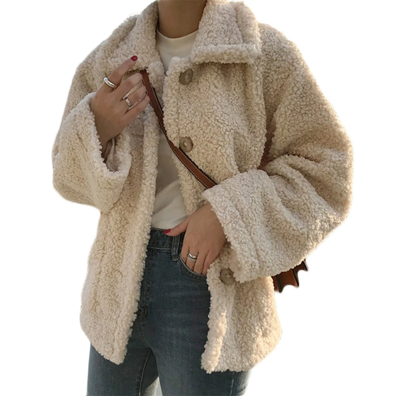 

Women Winter Faux Wool Lapel Jacket Long Sleeve Single Breasted Button Down Coat Solid Color Fuzzy Oversized Loose Outerwear wit