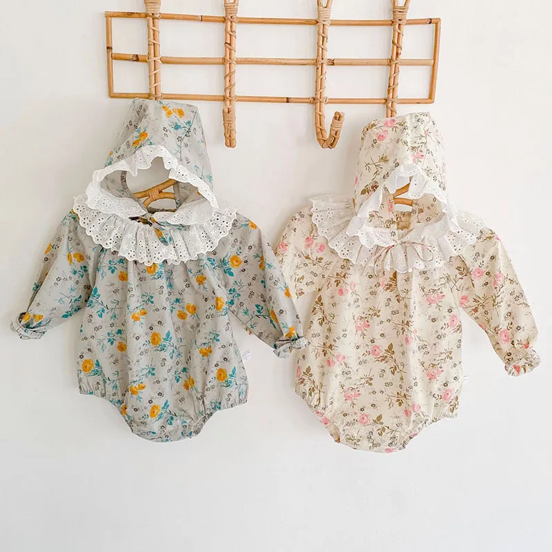 

New 2020 Infant Baby Rompers Baby Girls Floral Long Sleeve Clothes Rompers And Hat Spring Autumn Baby Girls Rompers 0-3Yrs