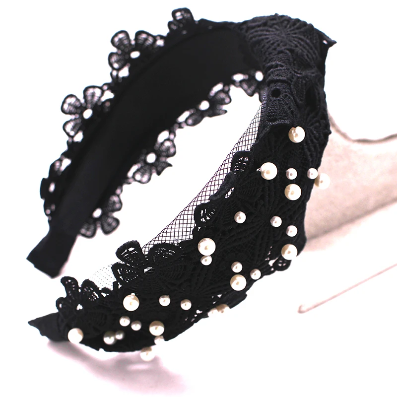 black small flower Винтажное богемное кружево с жемчугом завязанная головная повязка с узлом повязка для волос аксессуары для волос - Цвет: black small flower