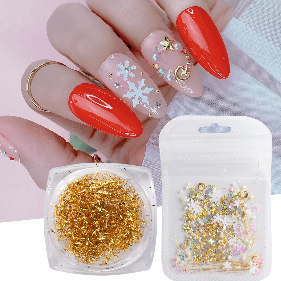 

3D Winter Christmas Nail Art Decoration Metal Rivet Snowflake Gold Flake Nail Sequin Charms Gems Strass Accessories GLSD01-04