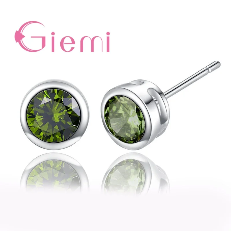 Green-round Горячее предложение Высокое качество ювелирные изделия настоящее чистое 925 пробы серебро женские аксессуары кубический цирконий CZ 4 когти серьги гвоздики 8 цветов - Окраска металла: Green-round