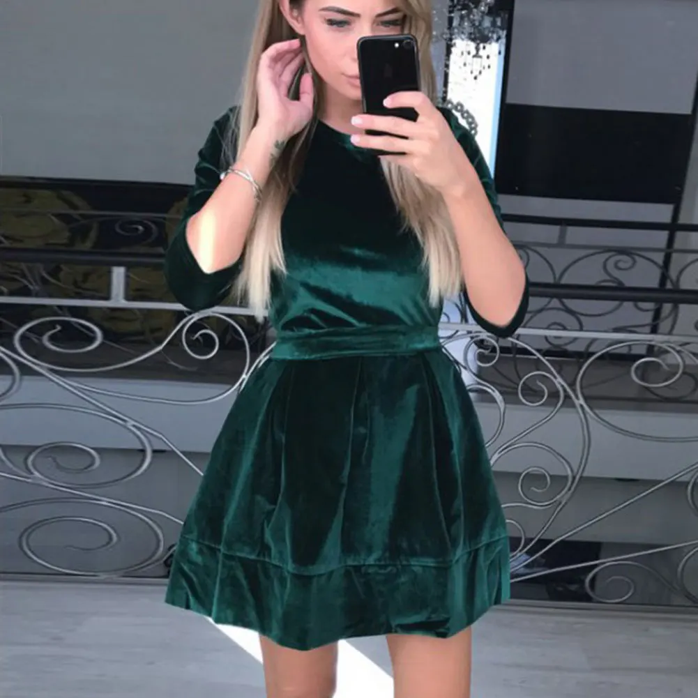 Модное женское бархатное плюшевое платье, осенне-зимние вечерние коктейльные однотонные мини-платья с длинным рукавом, S-XL