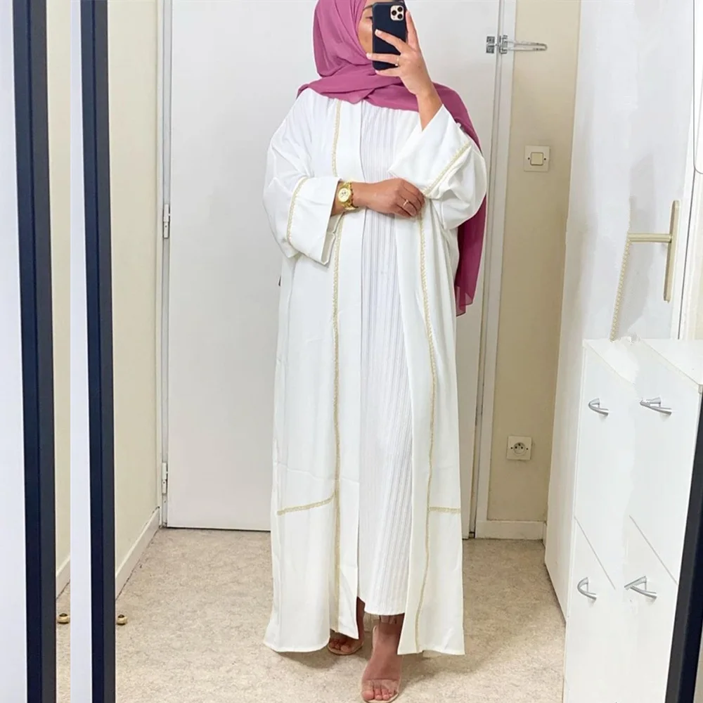 

Dubai Open Front Abaya Kimono for Women Modest Long Sleeve Belt Solid Color Duster Cardigan Hijab Dress Muslim Turkey Clothes