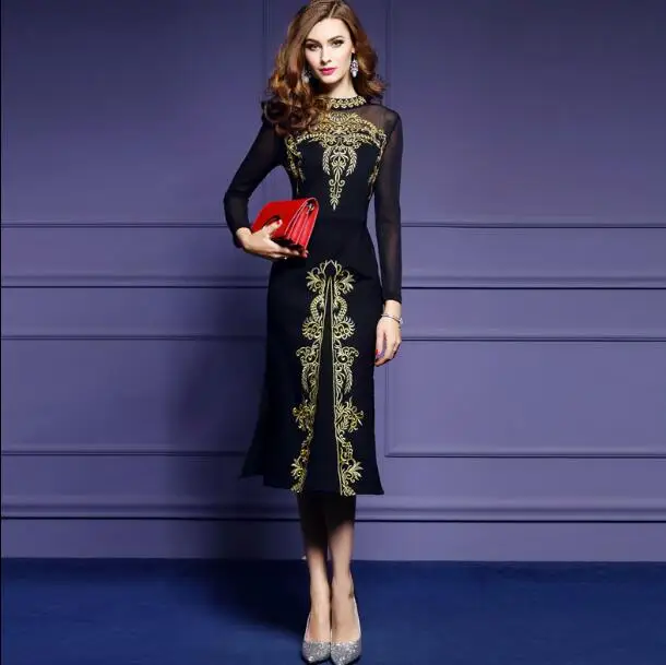 2020 женское весенне осеннее винтажное платье с вышивкой элегантное черное в стиле