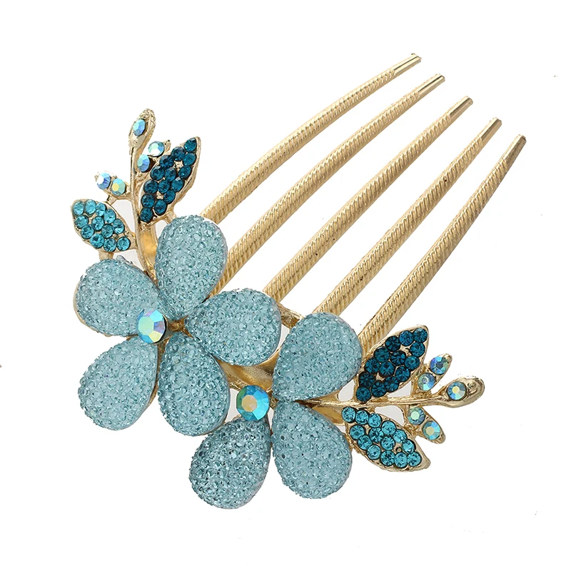 Womens Floral Design Alloy Rhinestone Crystal Hair Clip Comb (Blue)