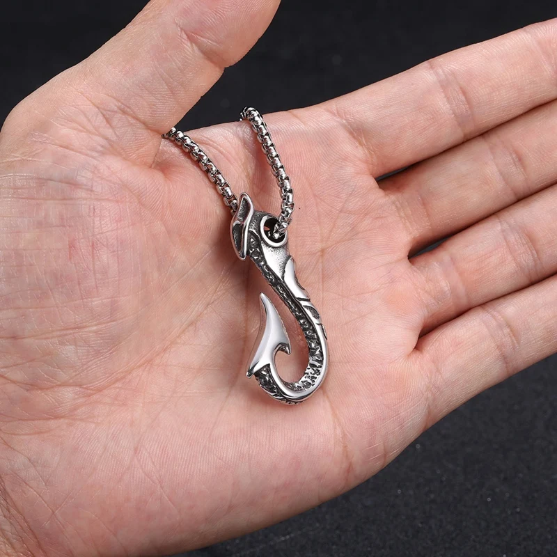 

Men's Necklaces Pendant Jewelry Vintage Viking Stainless Steel Fish Hook Shape Pendant Necklace Punk Jewelry Gift BB0872