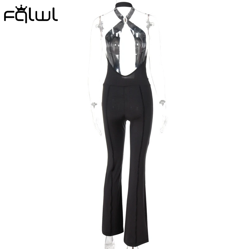

FQLWL Summer Sexy Black Womens Jumpsuit 2021 Black Halter Hollow Out Jumpsuit One Piece Outfits Women Clubwear Wide Leg Jumpsuit