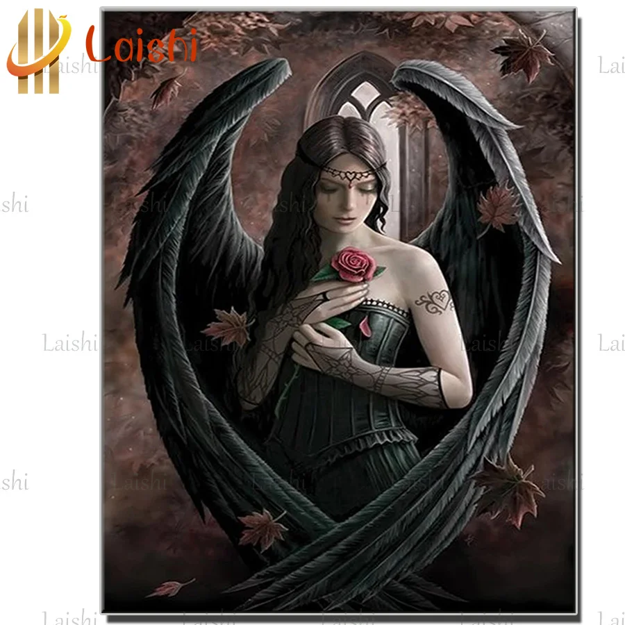 

5d home decoration Sexy black angel with rose diamond painting full drill square round diamond embroidery diamond art mosaic