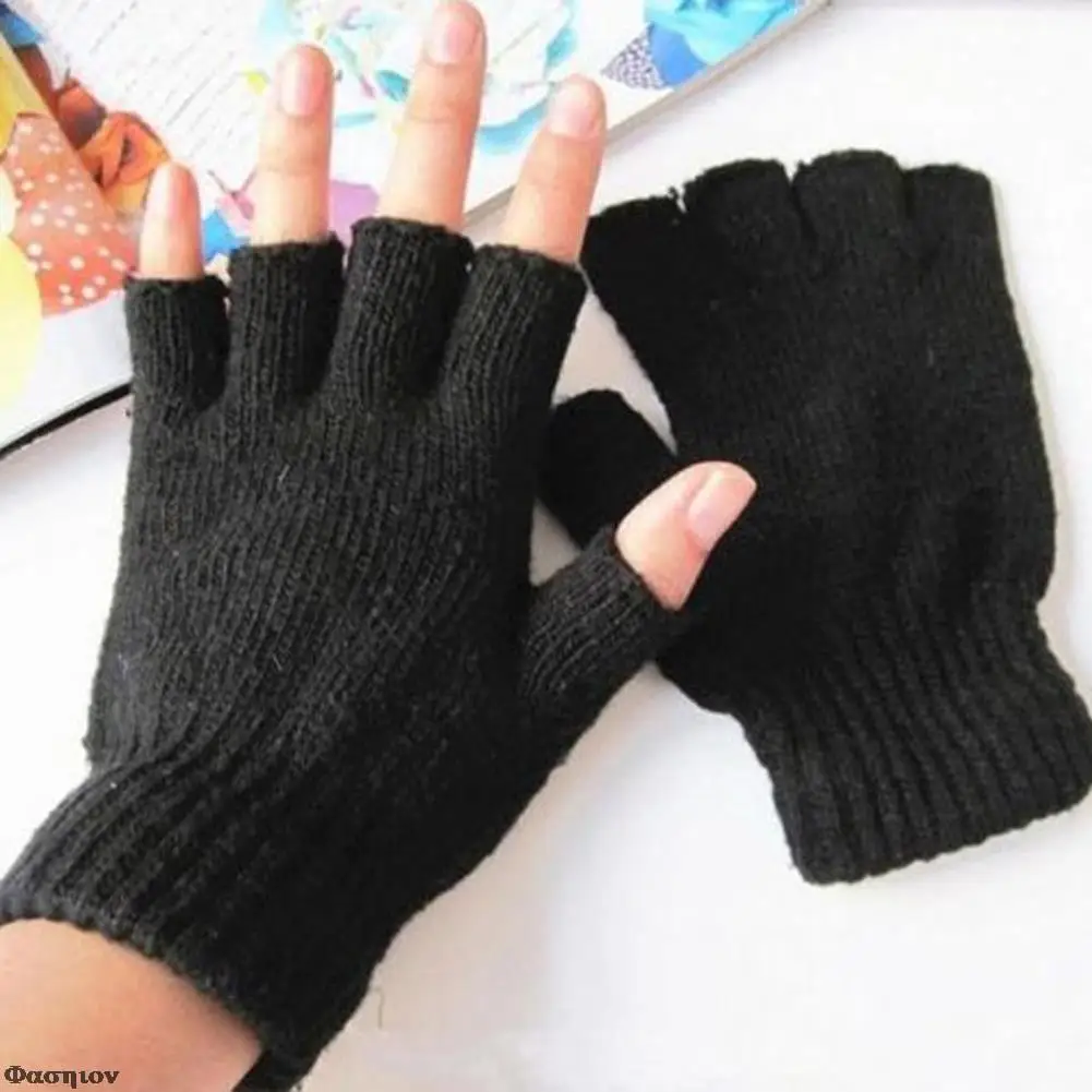 

Black Short Half Finger Fingerless Wool Knit Wrist Glove Winter Warm Workout For Women And Men