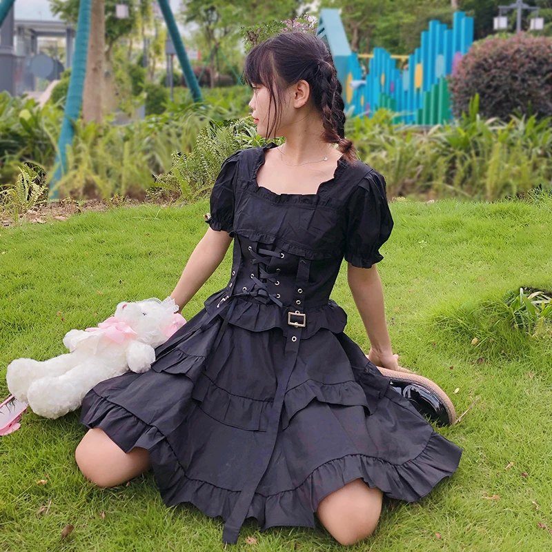 

Women Dress Japanese Retro Dark Black Lolita Puff Sleeve Cross Strap Ruffled Puffy Dresses Women Clothes Summer