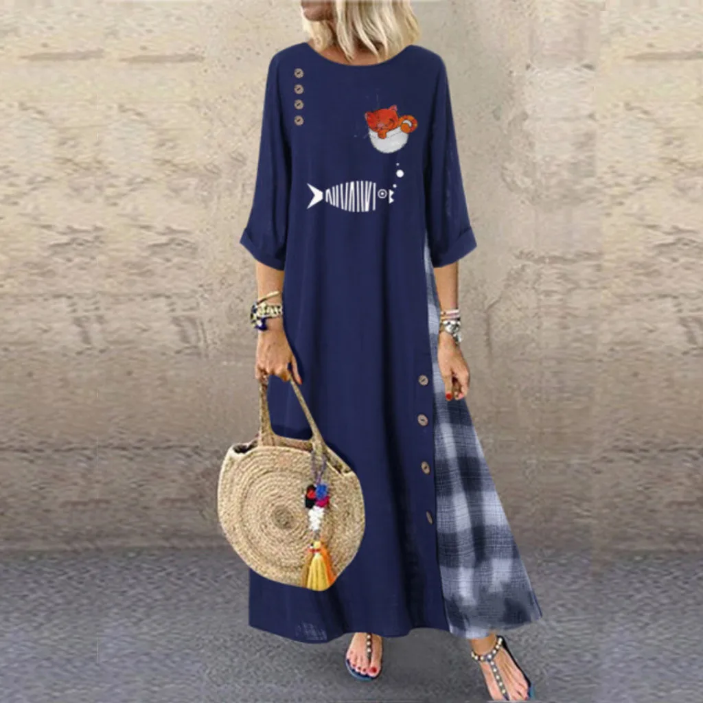 JAYCOSIN длинное платье на пуговицах размера плюс женское из хлопка и льна с принтом