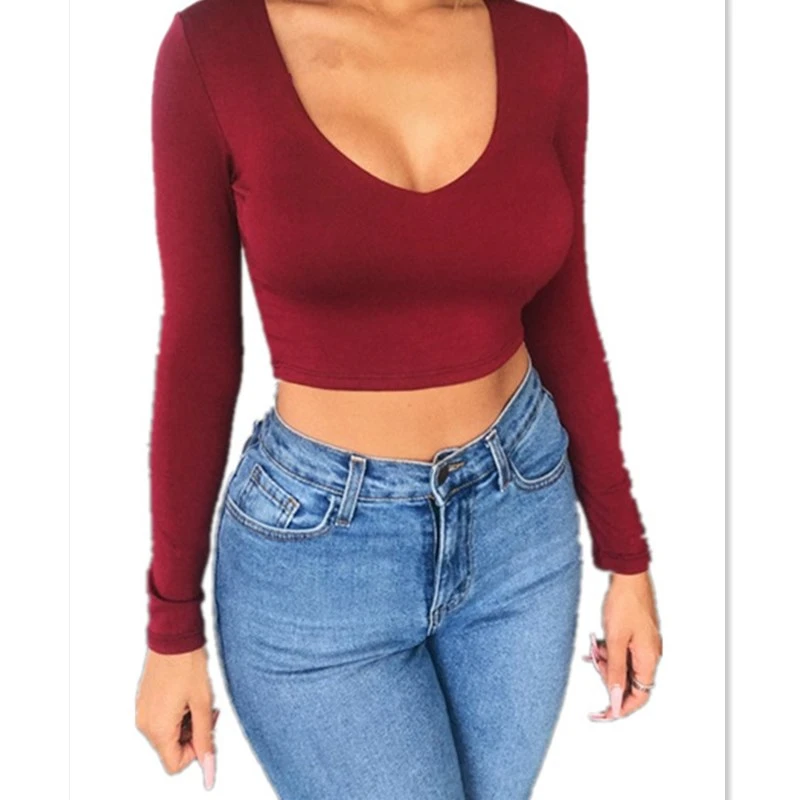 Осень весна укороченный топ Новые однотонные женские блузки и топы сексуальные v