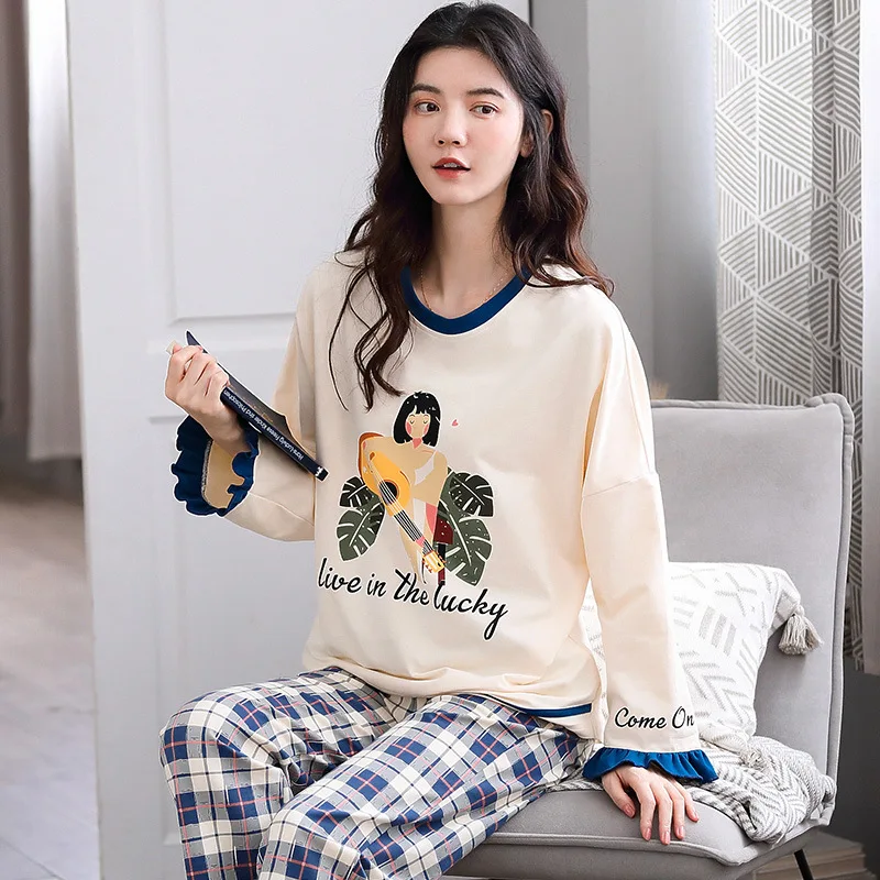 

Big Size Women Home Wear Lounge Clothes Long Sleeve Pajamas Full Cotton Sleepwear Girls Homewear Cute Pink Strawberry Housewear