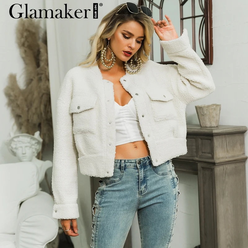 Glamaker, теплое пальто из искусственного меха, меховая верхняя одежда для женщин, сексуальный белый карман, женское плюшевое пальто, осенняя короткая куртка из искусственного меха, зимнее пальто