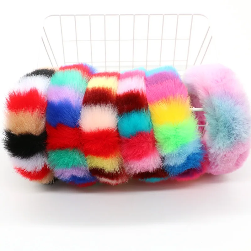 

Теплая повязка на голову из искусственного меха, зимняя Радужная, цветная, простая, новая, широкая, перекрестная, плюшевая, искусственная ко...