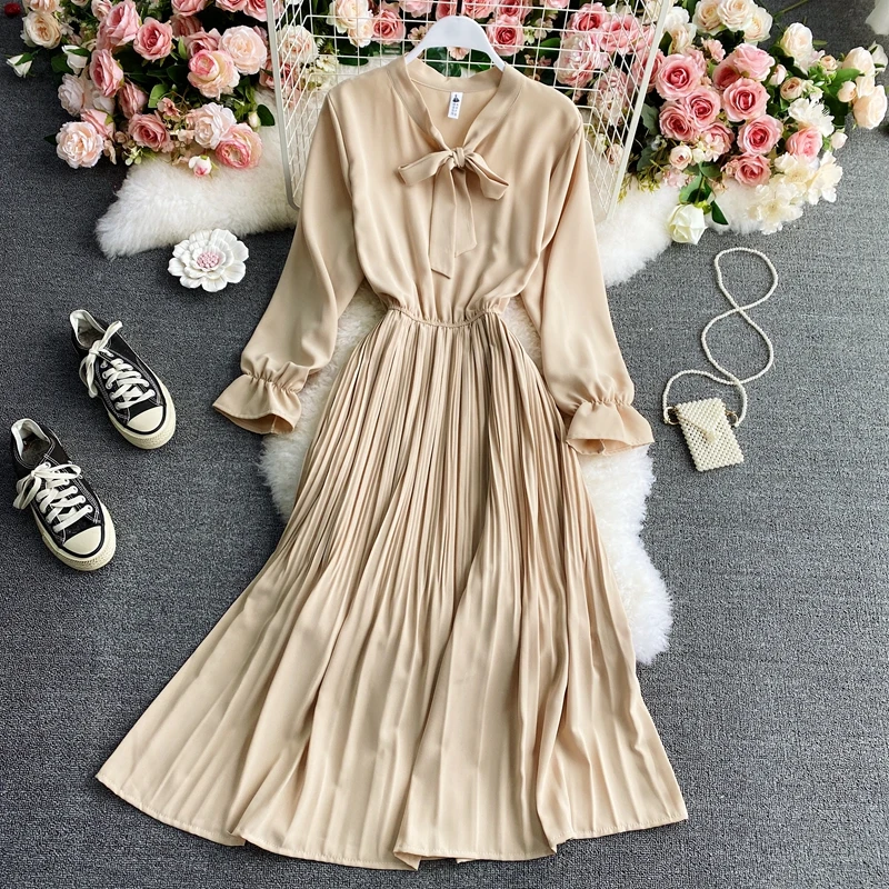 

Women Vintage Solid Dress Female Elastic Waist A-line Chiffon Dresses Bohemian Vacation Midi Dress Autumn New Vestdios