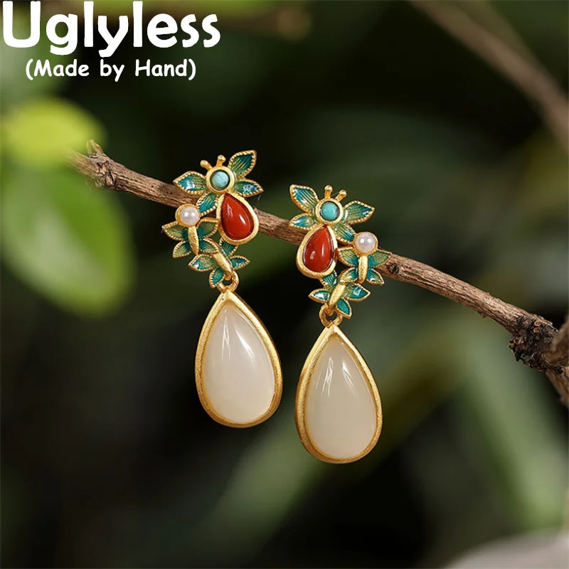 

Uglyless Enamel Flowers Earrings for Women Water Drop Nature Gemstones Agate Jade Studs Earrings 925 Silver Brincos Ethnic Jewel