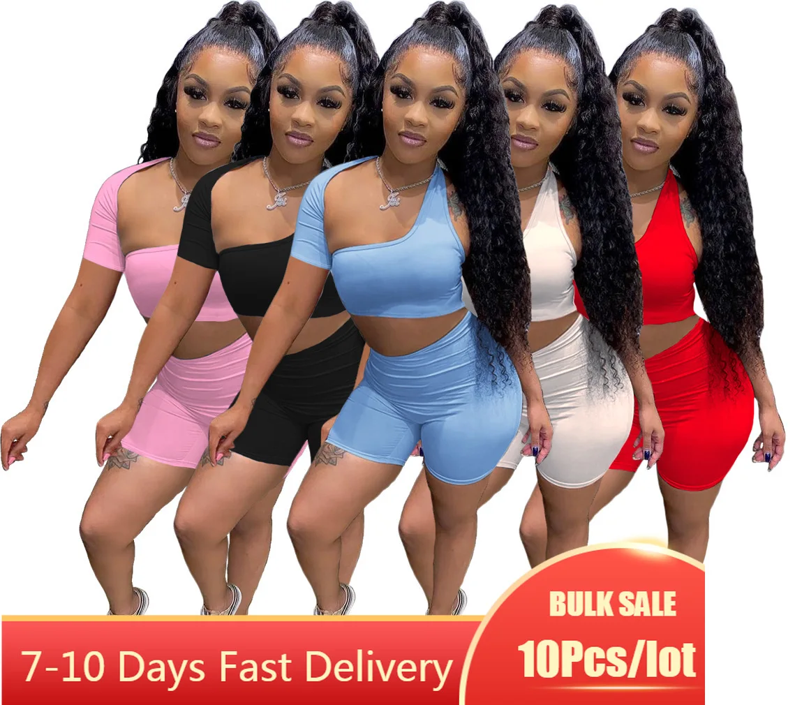 

Bulk Item Wholesale Lots 2021 Summer Women Shorts Set Bodycon One Shoulder Backless Crop Top 2 Piece Sets Womens Streetwear