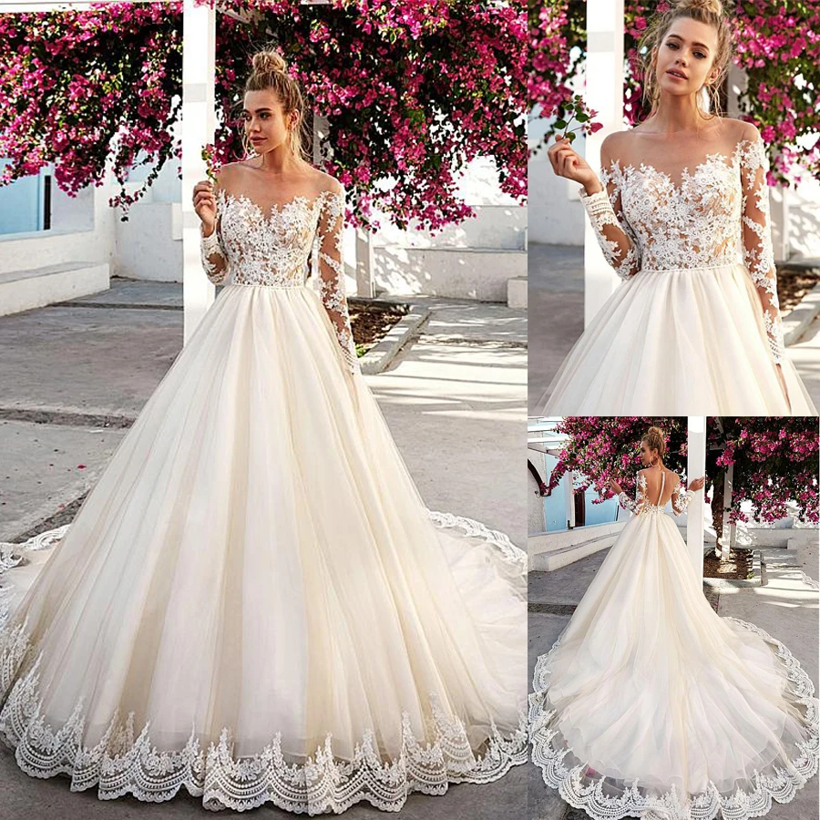

Tulle Bateau Neckline See-through Long Sleeves Wedding Dresses With Lace Appliques Illusion Back Bridal Dresses