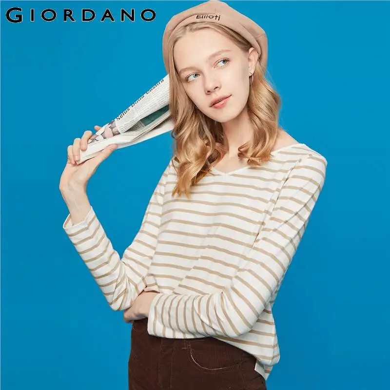 Giordano женская футболка в полоску с v-образным вырезом и длинным рукавом, хлопковая Футболка с разрезом по подолу, легкая полоска Poleras Mujer De Moda 05329879