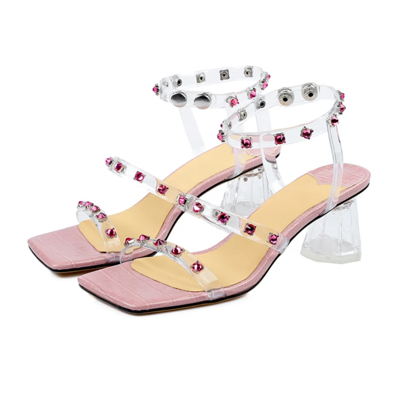 

2021 Transparent Sandals Women Summer Sexy Rivet Party Shoes Square Toe Buckled Footwears Chunky Heel Women Sandalias P45S