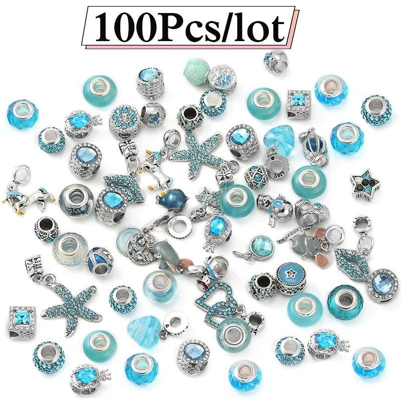 

100Pcs Silver Color Sparkling Blue Mixed Random Delivery Charm Beads Original Bracelets Necklaces Women Jewelry Making Wholesale