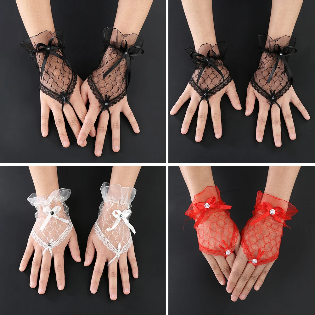 Перчатки женские кружевные пикантные Короткие вечерние с бантом без пальцев для