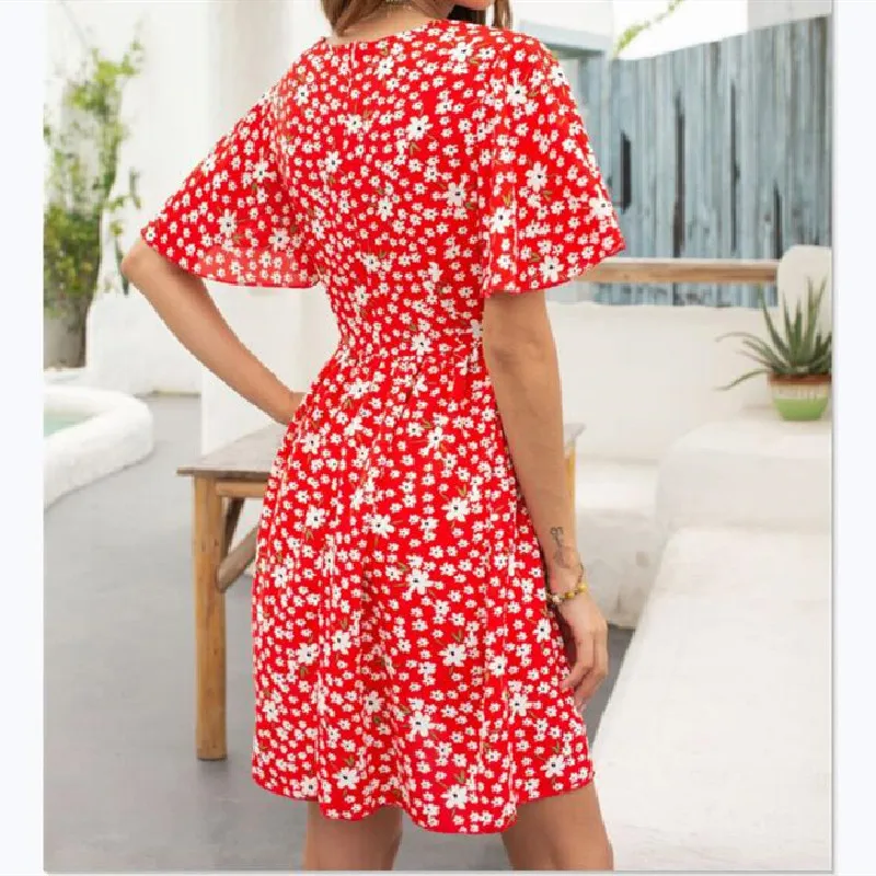 

Beach Style Casual Women Print Mini Dress Sweet V-neck Slim Dress Summer 2020 Elegant Red Dress