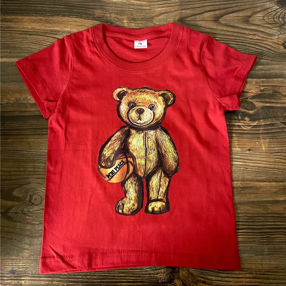 

Цельная футболка для мальчиков и девочек, одежда, новинка 2021 года, хлопковая футболка с короткими рукавами и мультяшным медведем, черный, бе...