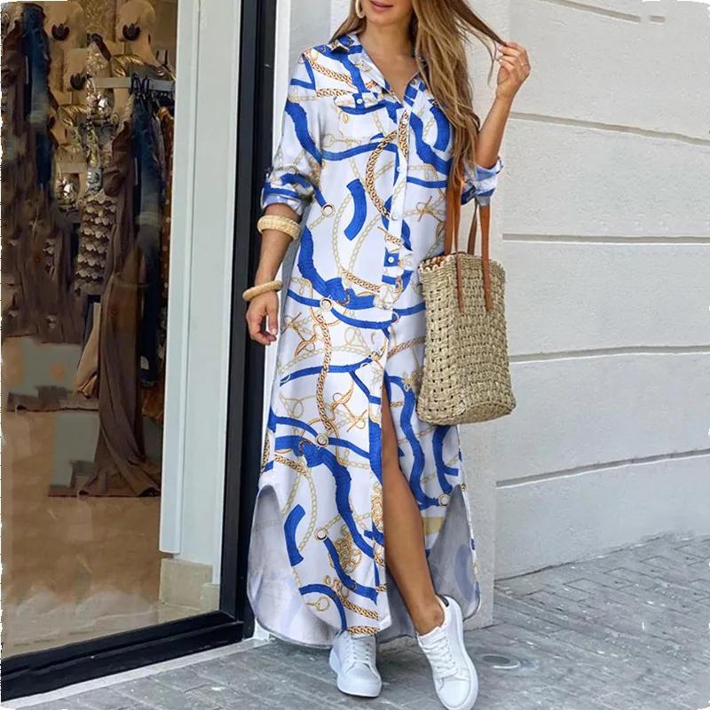 

Ladies Casual Loose Turn-Down Collar Maxi Dresses For Women 2021 Spring Autumn Fashion Sexy Button Split Shirt Long Dress Femme