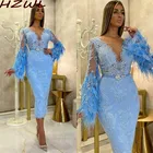 Светильник-голубое вечернее платье с перьями, длинными рукавами, кружевное платье длиной до середины икры, платье для выпускного вечера с поясом, бисером, арабский стиль, Дубай