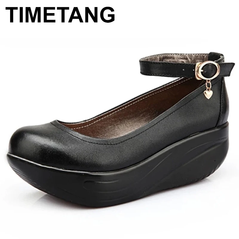 

TIMETANG Leather Women Toning Shoes Platform Wedge Thick Soles Women Height Increasing Swing Shoes Single Shoes 34-43 Plus Size