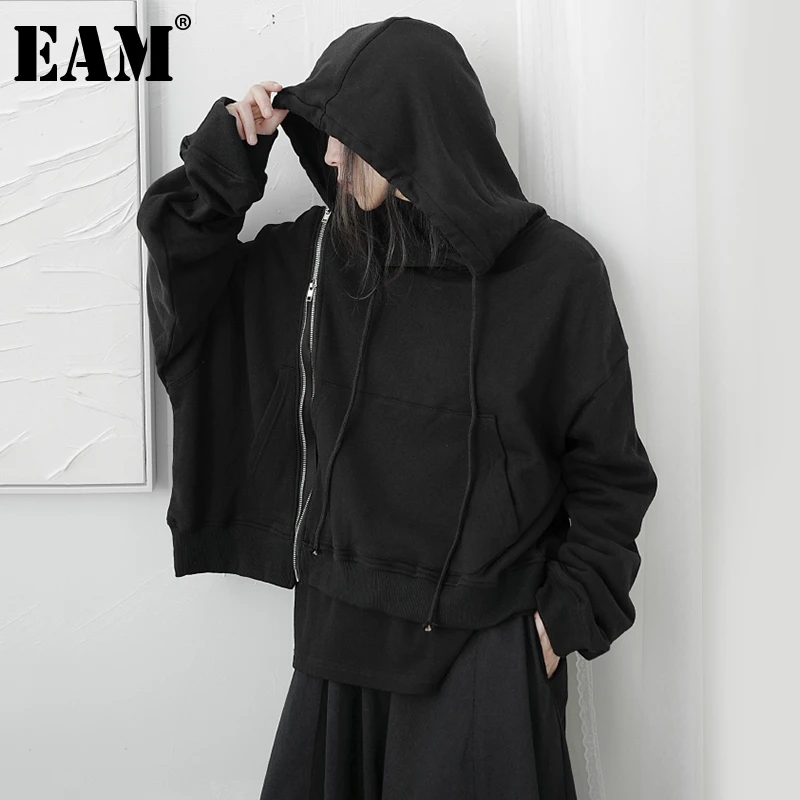 

[EAM] Loose Fit Black Zipper Irregular Sweatshirt New Round Neck Long Sleeve Women Big Size Fashion Spring Autumn 2022 1DD0596