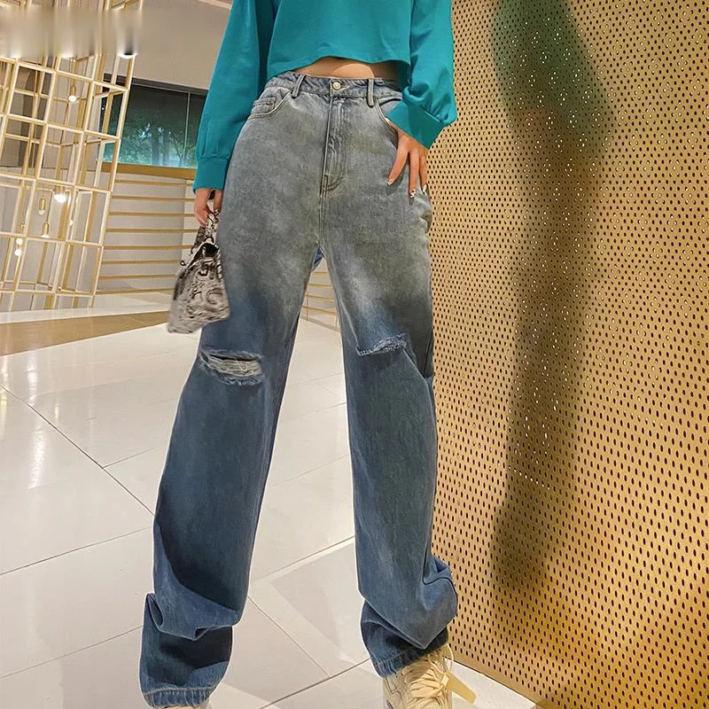 

Women High Waist Loose Ripped Jeans 2021 Fashion Casual Straight Pants Mom Jeans Washed Summer Hole Denim Trousers