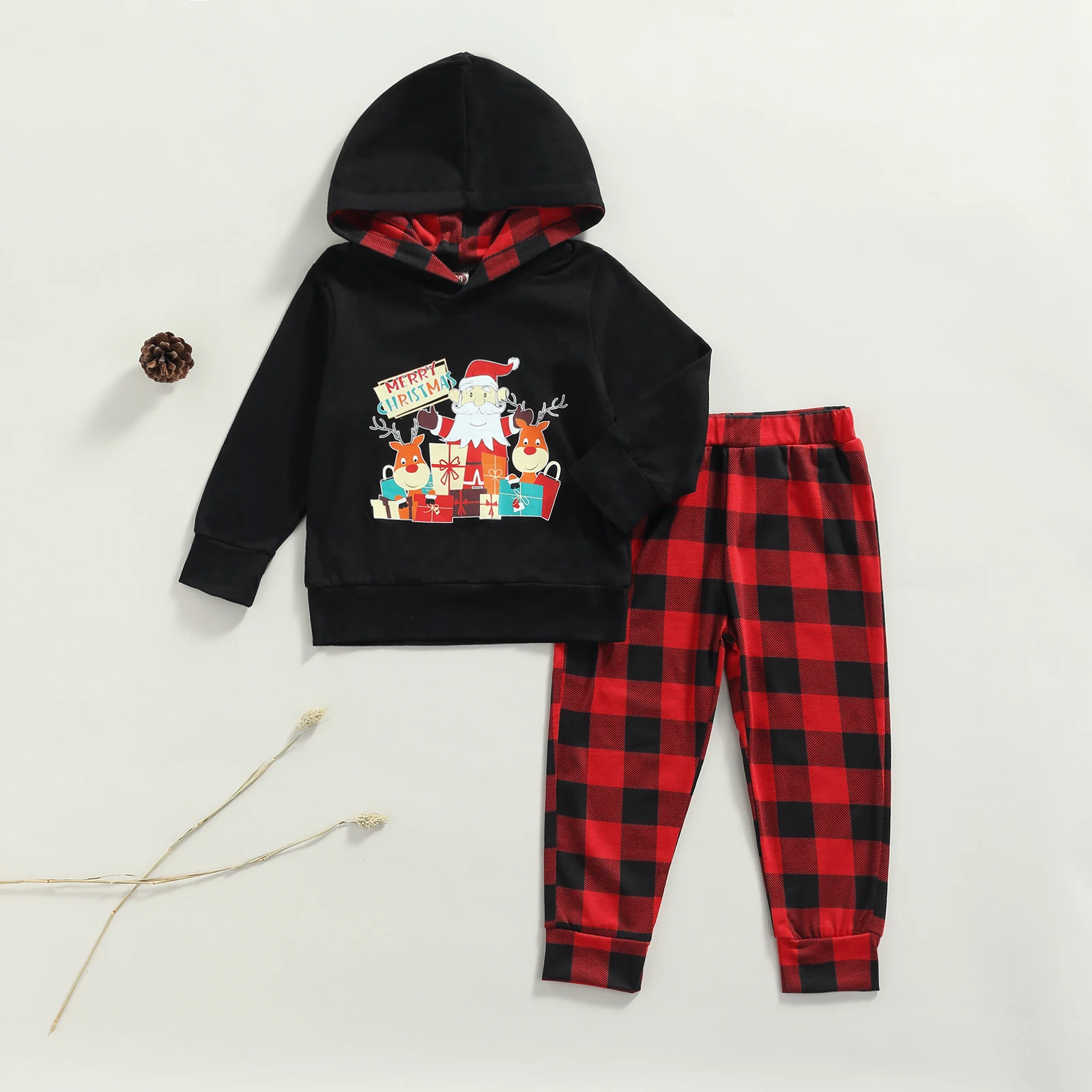 

Baby Hooded Sweater Trousers Santa Cartoon Print Red Bkack Plaid Pattern Merry Christmas Spring Autumn Clothing
