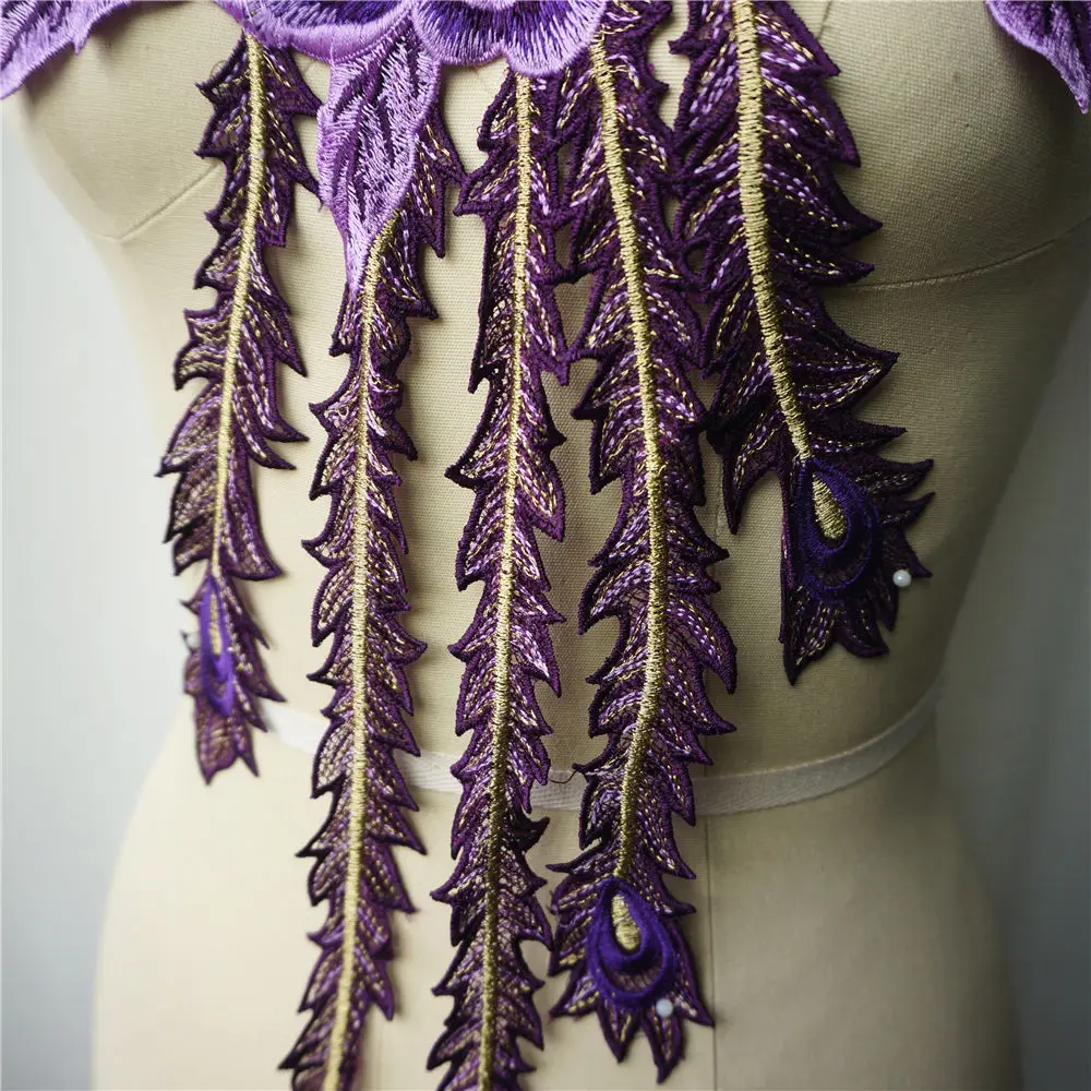 Вышитая ткань с длинным хвостом фиолетовым павлином Фениксом Цветочная