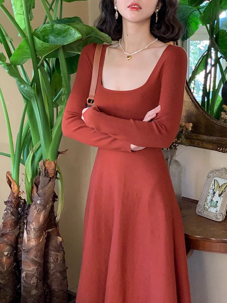 

2021 Autumn Women Korea Style Dresses Low Cut Square Neck Long Sleeve Slim Skinny Big Swing Bottomed Dress Vestidos De Fiesta