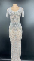 shining silver stones pearls mesh long dress birthday celebrate dress prom dance wear female singer show dresses