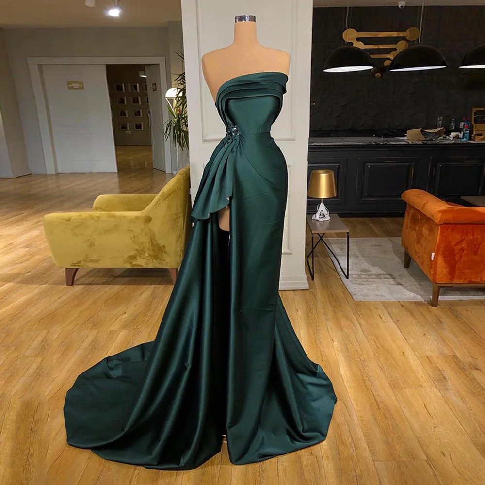 

UOSU Emerald Green Formal Evening Dress Party Gowns Strapless Sleeveless Stones Sweep Train Satin Prom Dresses Robe Soiree